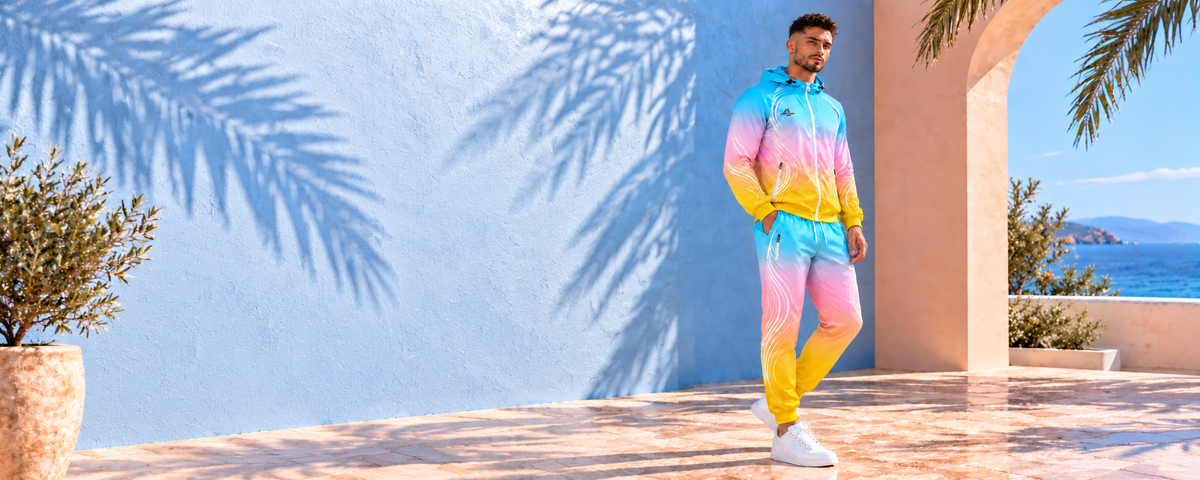Survêtement ADK dégradé bleu rose jaune, veste à capuche et pantalon
