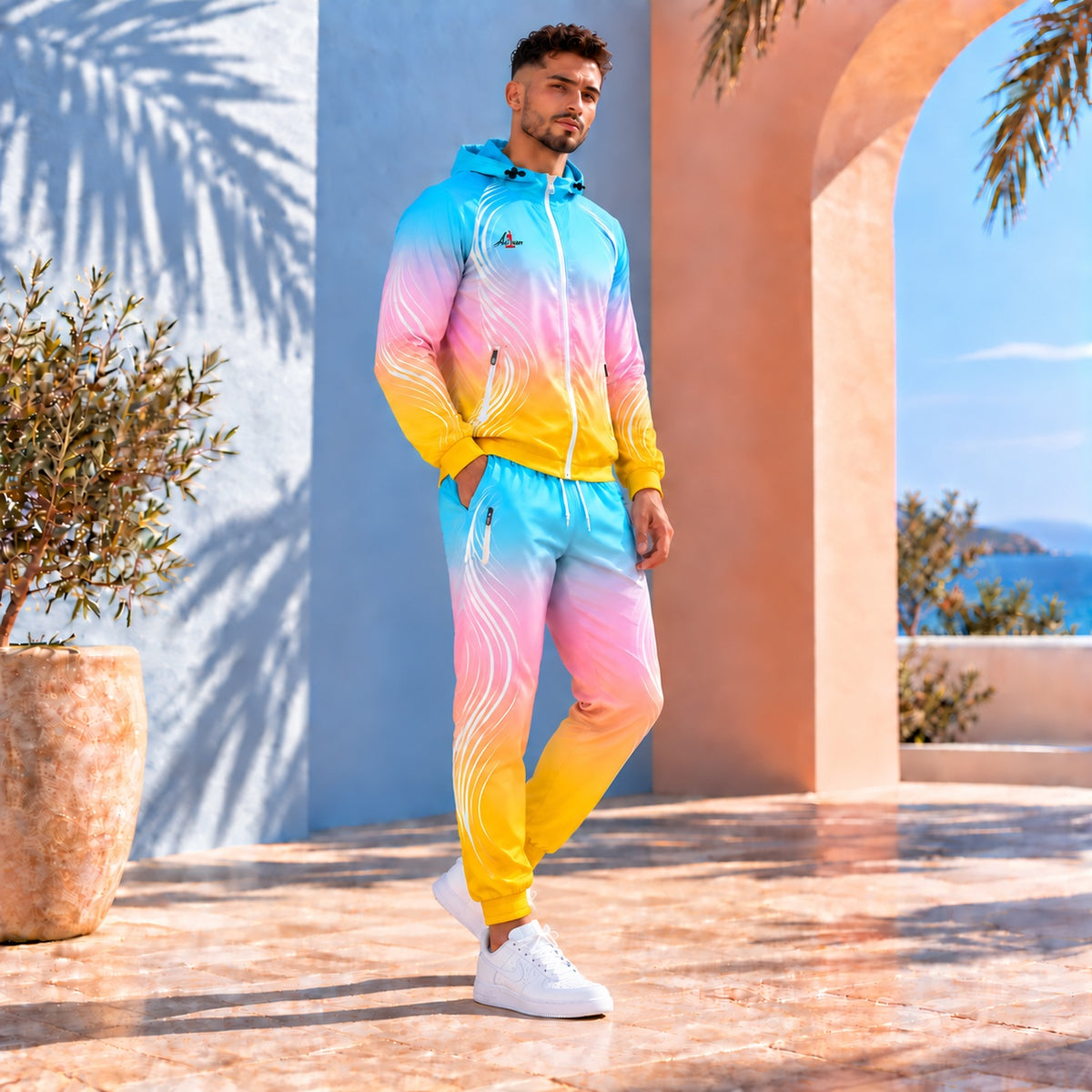 Survêtement ADK dégradé bleu, rose et jaune, veste à capuche et pantalon